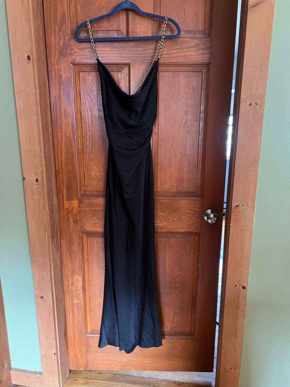 Fashion Nova Black Maxi Slip Dress with Gold Chain Straps